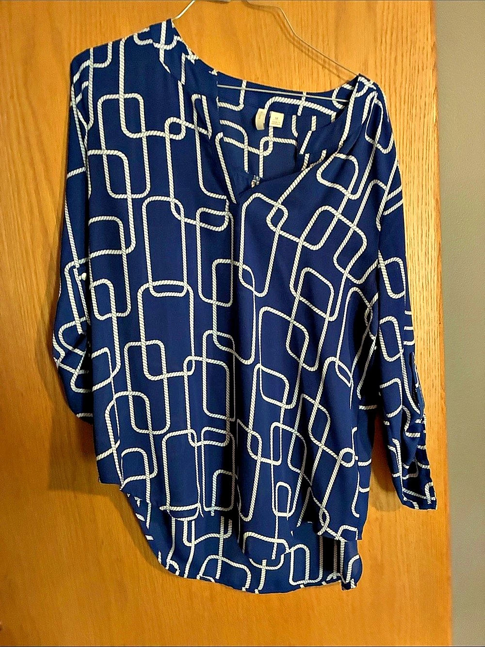 J.Crew Geometric Blouse in Blue & White Size Medium